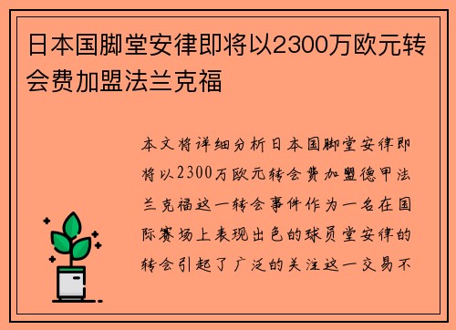 日本国脚堂安律即将以2300万欧元转会费加盟法兰克福