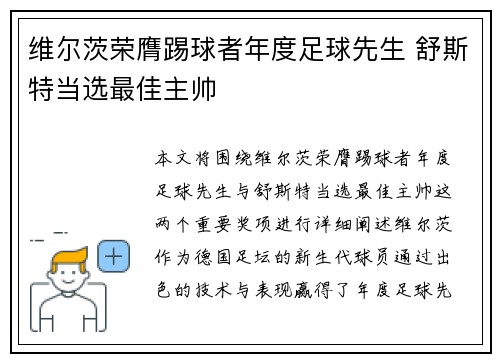 维尔茨荣膺踢球者年度足球先生 舒斯特当选最佳主帅